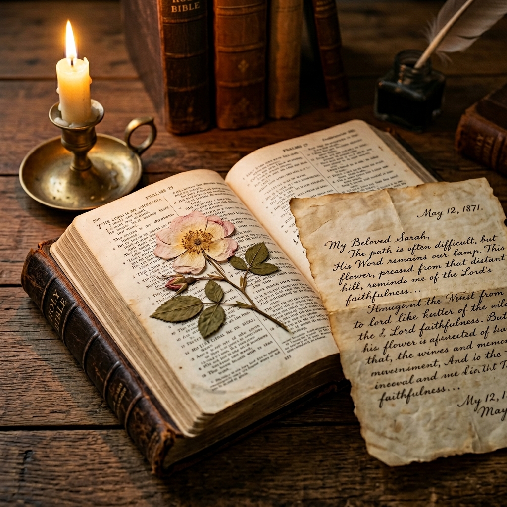 An open Bible next to a handwritten letter and a lit candle